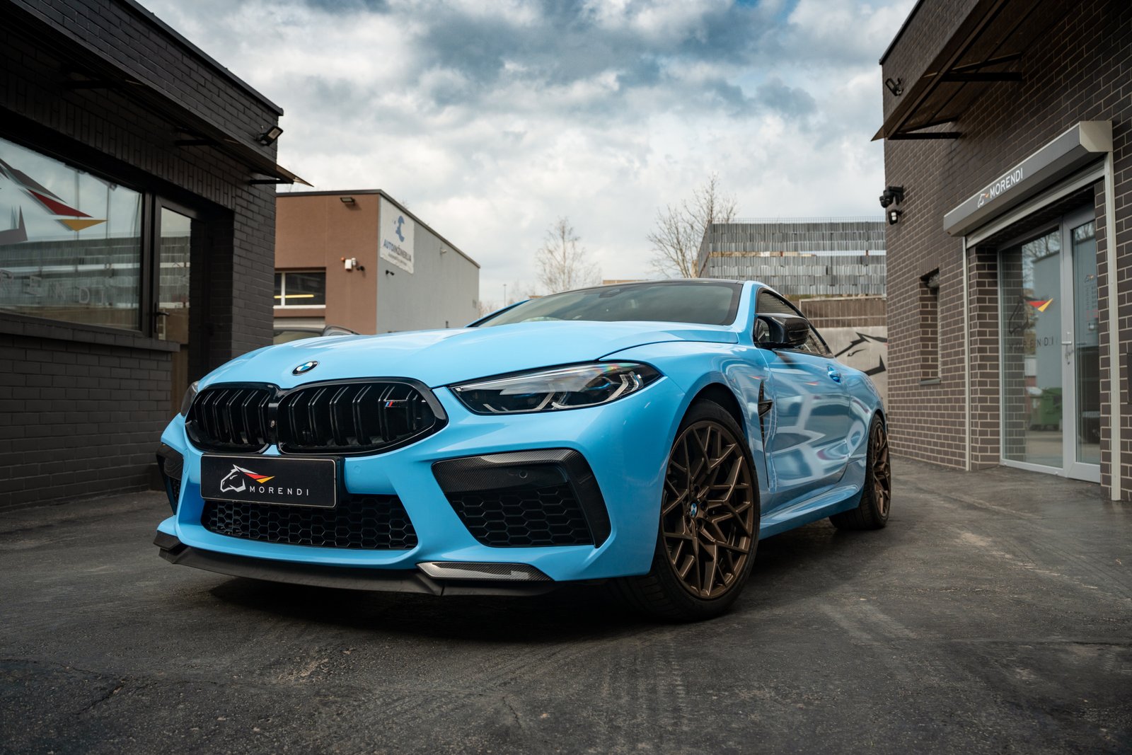 bmw m8 front wide shot at morendi backyard in vilnius lithuania