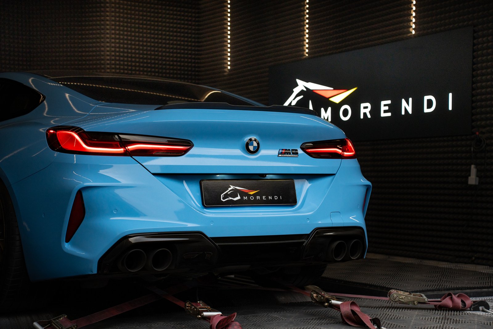 bmw m8 rear shot on dyno stand at morendi tuning shop in vilnius lithuania